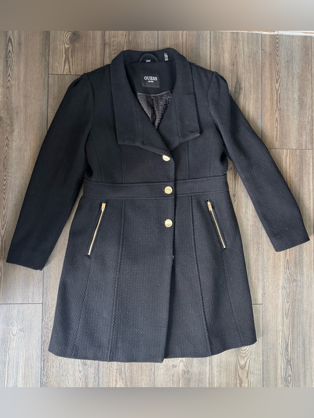 GUESS Black Textured Peacoat with Gold Hardware